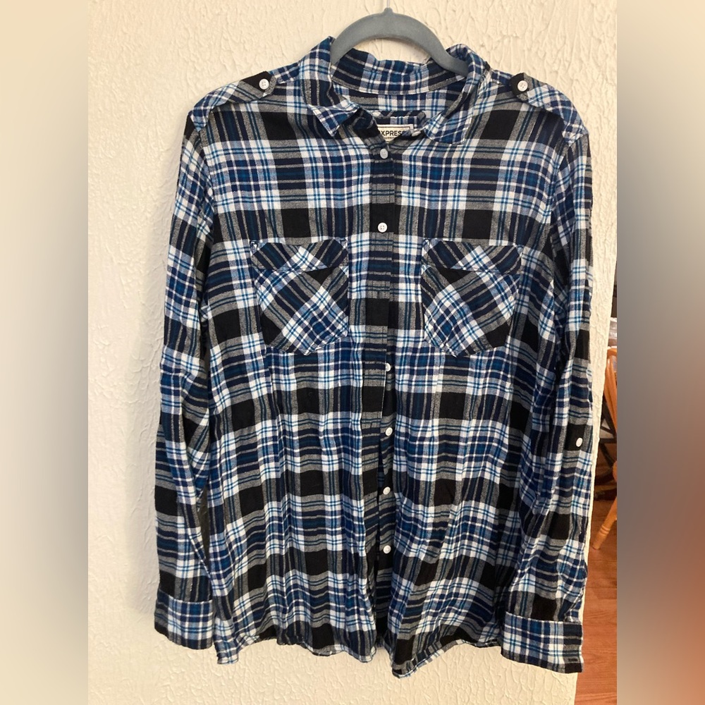 Express Boyfriend Teal and Navy Plaid Flannel Size L